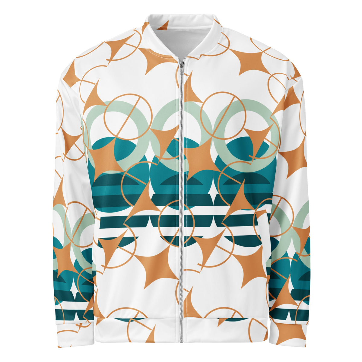 Good Wishes 365 unisex bomber jacket featuring a white base with teal, sage, and ochre geometric star and circle print.