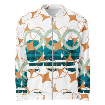 Good Wishes 365 unisex bomber jacket featuring a white base with teal, sage, and ochre geometric star and circle print.
