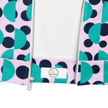 Good Wishes 365 bomber jacket featuring a geometric print of navy polka dots and Irish blue semi-circles on light pink