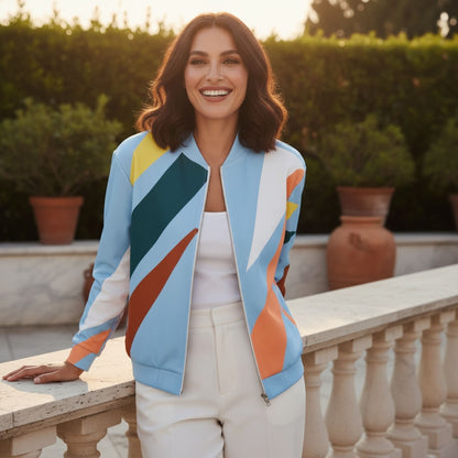 A smiling woman wearing a Good Wishes 365 bomber jacket with a pastel and earth-toned abstract geometric print.
