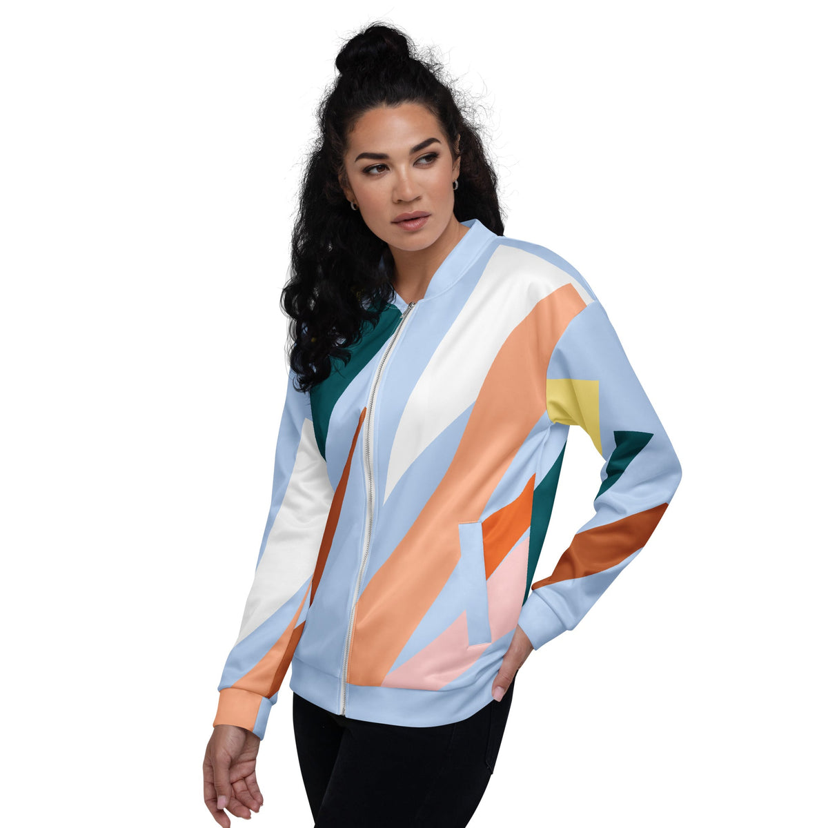 Good Wishes 365 women's bomber jacket featuring an abstract geometric print in pastel blue and earth tones.