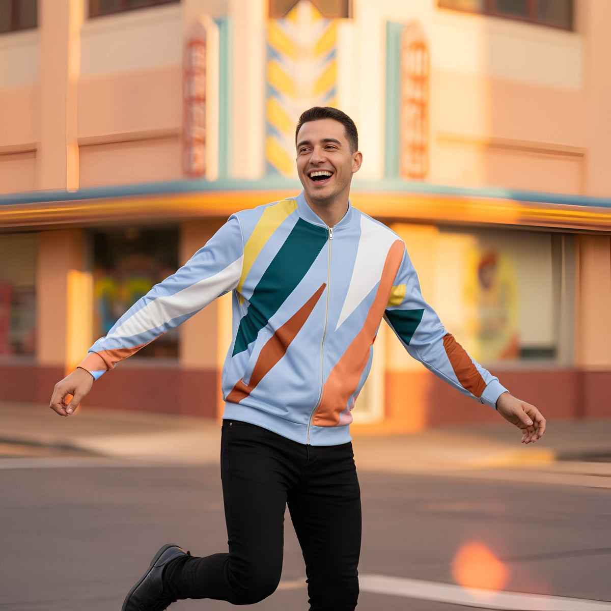 Good Wishes 365 unisex bomber jacket with abstract geometric print in pastel blue and earth tones worn by a smiling man