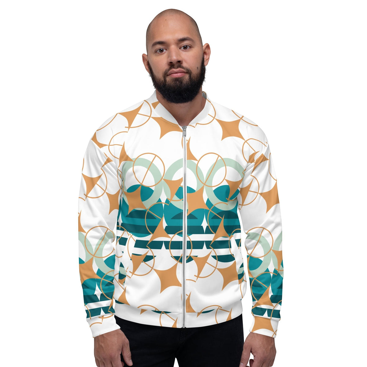 Good Wishes 365 unisex bomber jacket featuring a white base with amber and teal geometric star patterns.