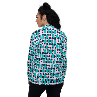 Good Wishes 365 unisex bomber jacket with navy polka dots and Irish blue semi-circles on a light pink background