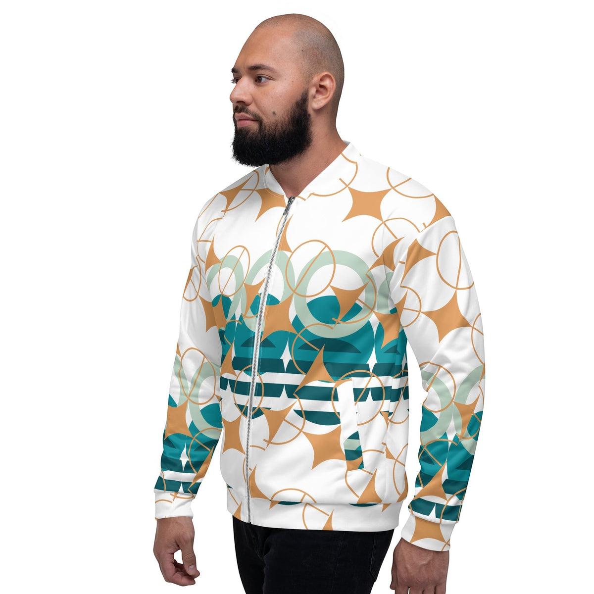 Good Wishes 365 unisex bomber jacket with white, amber, and teal geometric star pattern worn by a bearded man.