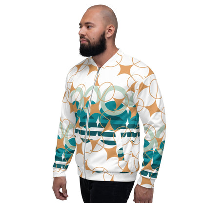 Good Wishes 365 unisex bomber jacket with white, amber, and teal geometric star pattern worn by a bearded man.