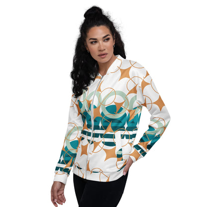Good Wishes 365 women's bomber jacket in white with teal, sage, and ochre geometric star print and ribbed trim.
