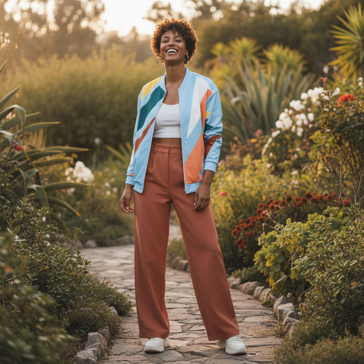 Good Wishes 365 bomber jacket with abstract geometric print in pastel and earth tones worn by a smiling woman outdoors.