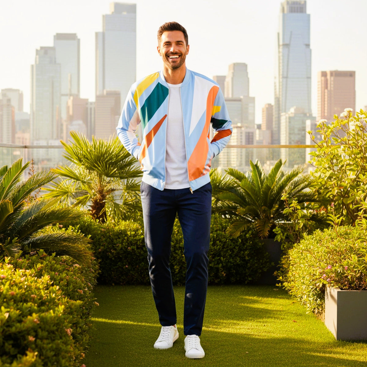 Good Wishes 365 unisex bomber jacket with abstract geometric print in pastel blue and earth tones on a smiling man.