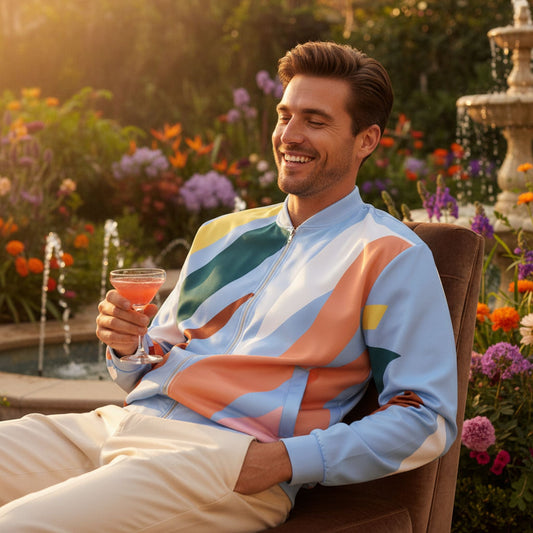 Good Wishes 365 unisex bomber jacket with abstract geometric print in pastel blue and earth tones worn by a smiling man