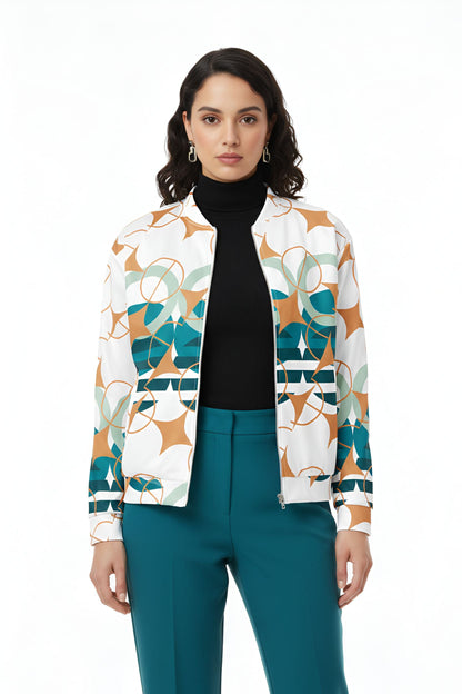 Good Wishes 365 women's bomber jacket in white with teal, sage, and ochre geometric star print and ribbed collar.