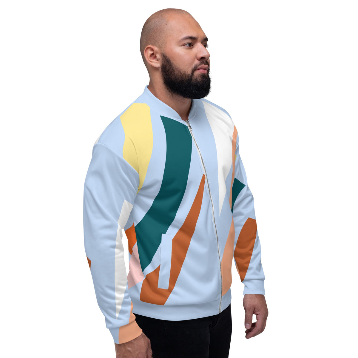Good Wishes 365 unisex bomber jacket with abstract geometric print in pastel blue, yellow, and earth tones on a model