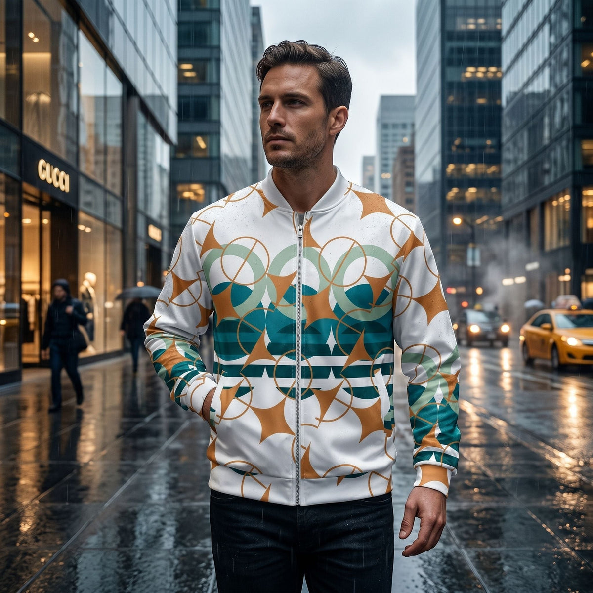 Good Wishes 365 unisex bomber jacket with white, amber, and teal geometric star pattern worn by a man in a city street.