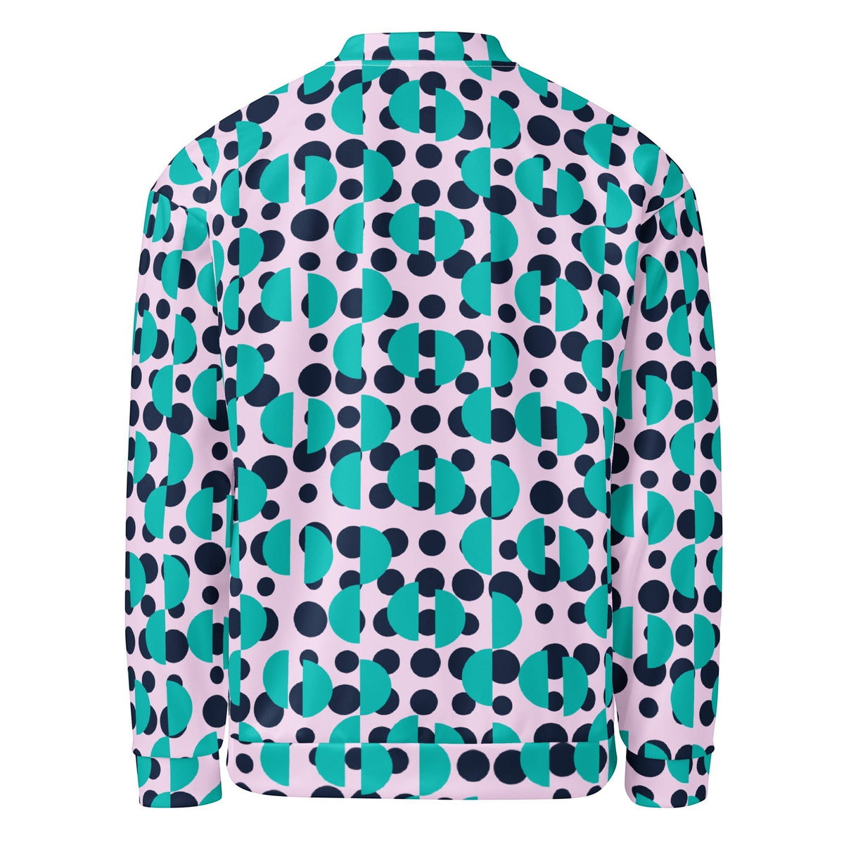 Good Wishes 365 unisex bomber jacket featuring a geometric print of navy polka dots and Irish blue semi-circles.