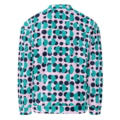 Good Wishes 365 unisex bomber jacket featuring a geometric print of navy polka dots and Irish blue semi-circles.
