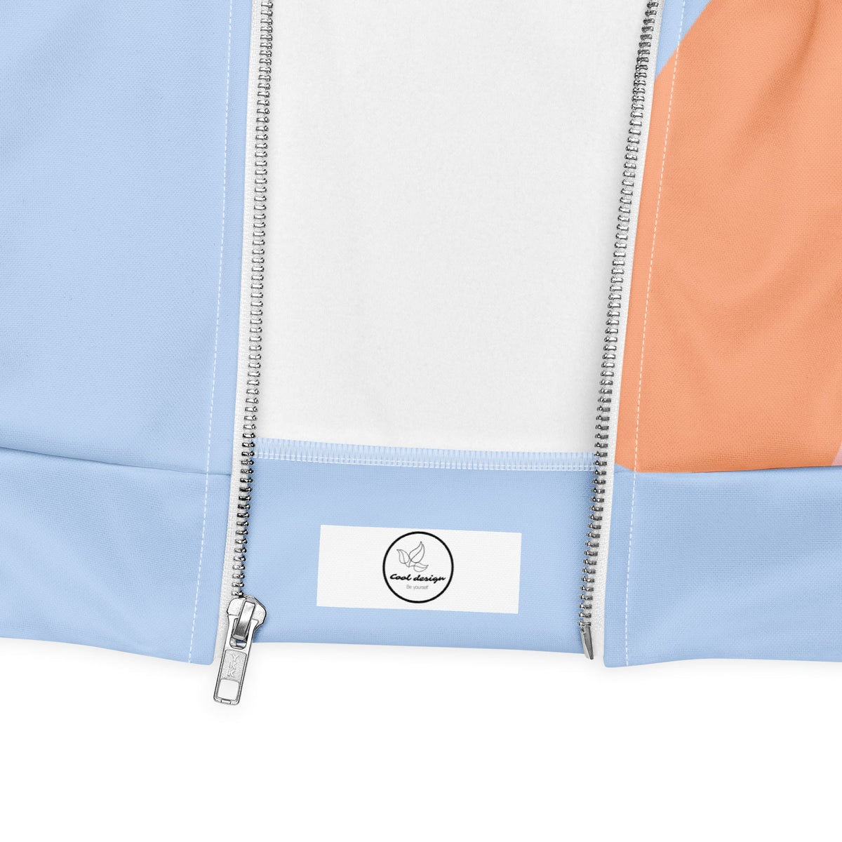 Good Wishes 365 unisex bomber jacket with pastel blue and earth tone abstract geometric print and front zipper