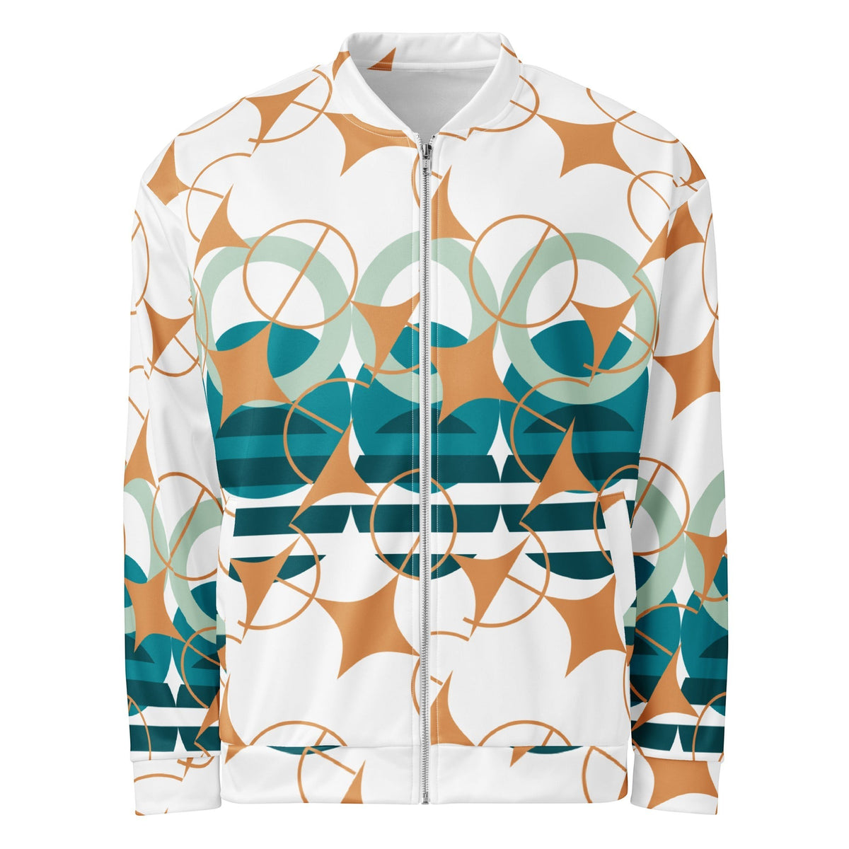 Good Wishes 365 unisex bomber jacket featuring a geometric star and circle pattern in amber, teal, and white.