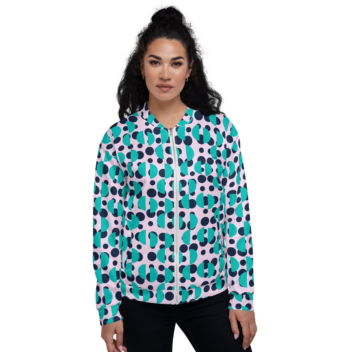Good Wishes 365 unisex bomber jacket with navy polka dots and Irish blue semi-circles on a light pink background.