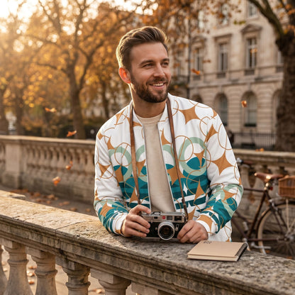 Good Wishes 365 unisex bomber jacket with white, amber, and teal geometric star pattern worn by a man outdoors.