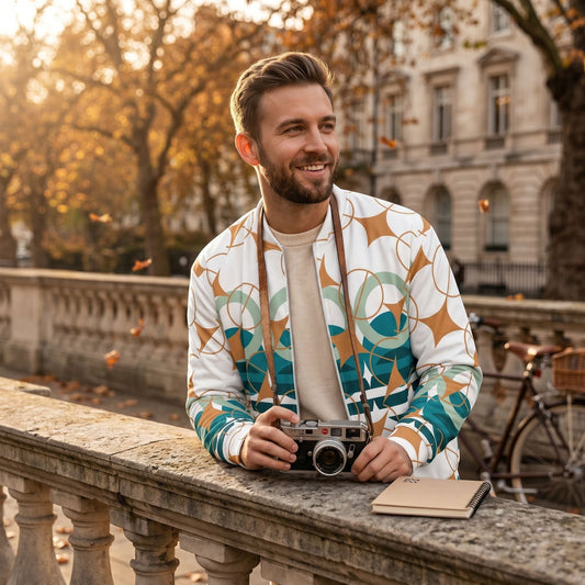 Good Wishes 365 unisex bomber jacket with white, amber, and teal geometric star pattern worn by a man outdoors.