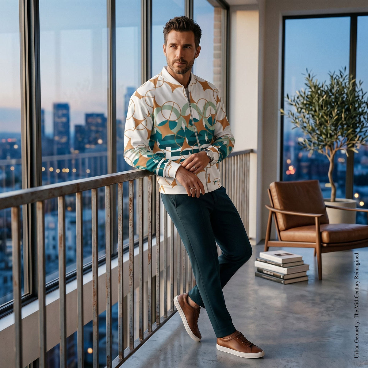 Good Wishes 365 unisex bomber jacket with geometric star pattern in amber and teal on white, worn by a man in a loft.