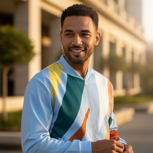 Good Wishes 365 unisex bomber jacket with abstract geometric print in pastel blue and earth tones worn by a man