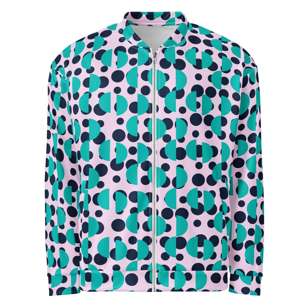 Good Wishes 365 unisex bomber jacket featuring a geometric print of navy polka dots and Irish blue semi-circles.