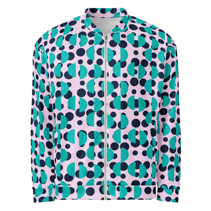 Good Wishes 365 unisex bomber jacket featuring a geometric print of navy polka dots and Irish blue semi-circles.
