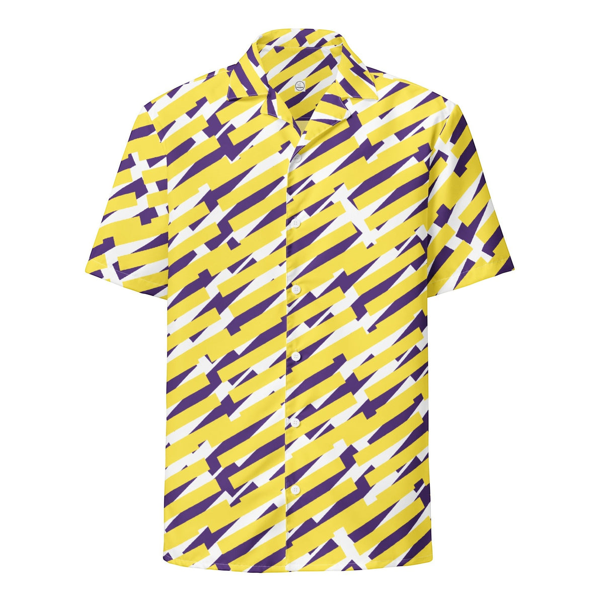 Good Wishes 365 short sleeve button down shirt featuring a vibrant yellow, purple, and white geometric pattern. All-over print, unisex button shirt, product mockup, front view.