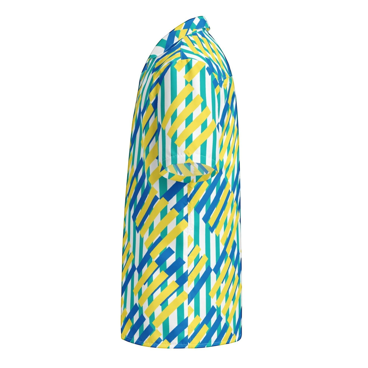Good Wishes 365 unisex button shirt with a colorful geometric pattern in blue, yellow, and teal. Made from recycled polyester.