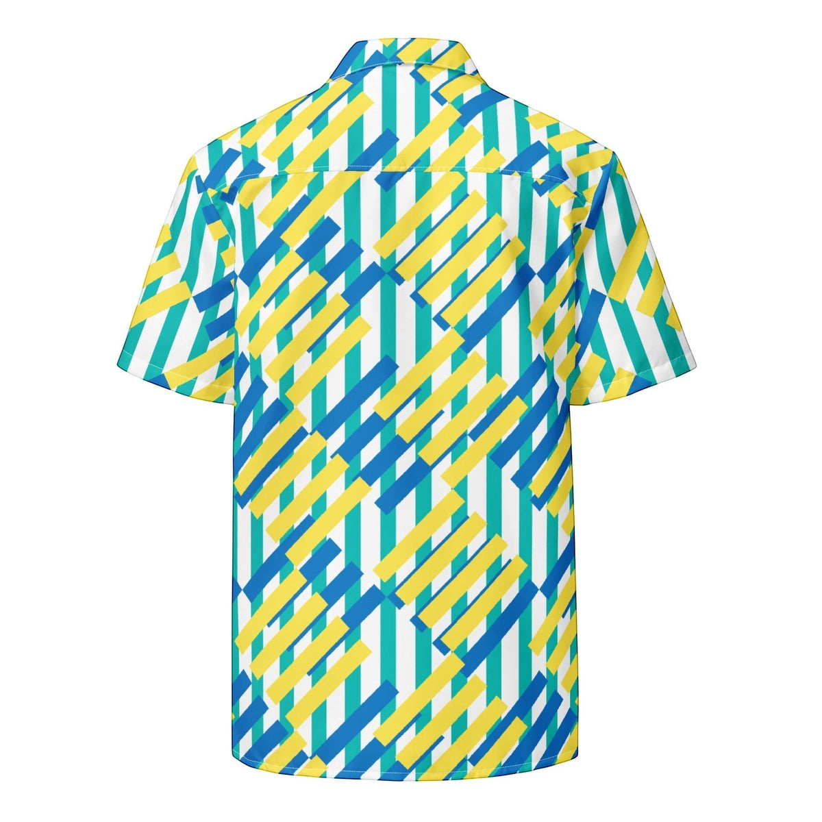 Good Wishes 365 unisex button shirt with a colorful geometric pattern of blue, yellow, and teal stripes on white.