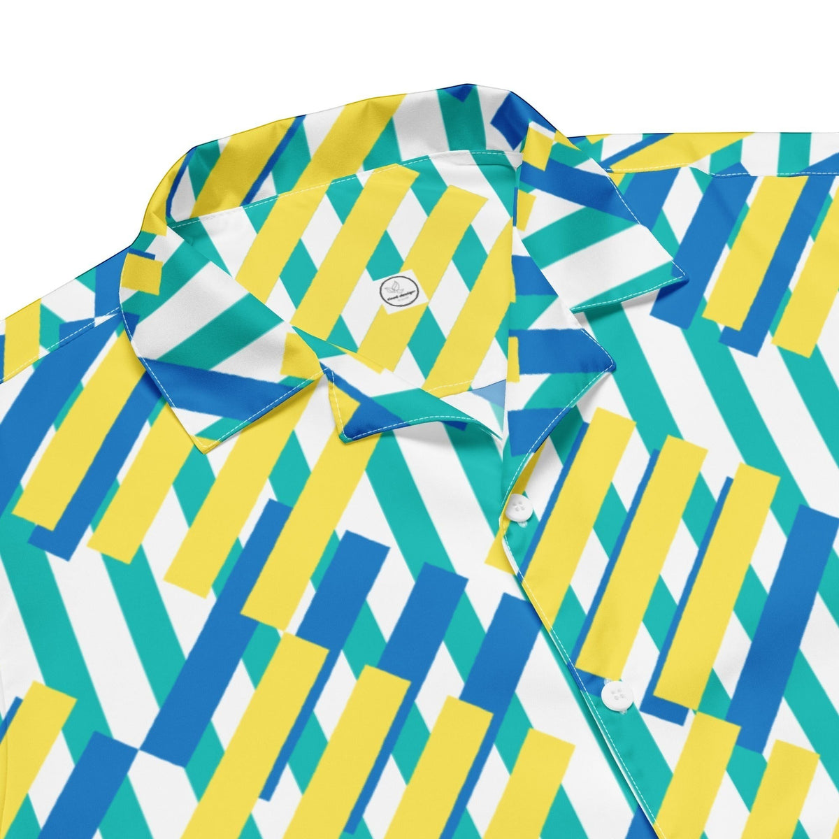 Good Wishes 365 unisex button-up shirt with a bold geometric pattern in blue, yellow, and teal. Lightweight, moisture-wicking fabric.