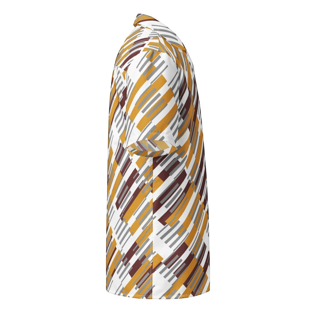 Good Wishes 365 unisex button shirt in an oversized fit with a white, yellow, and brown geometric pattern, side view.