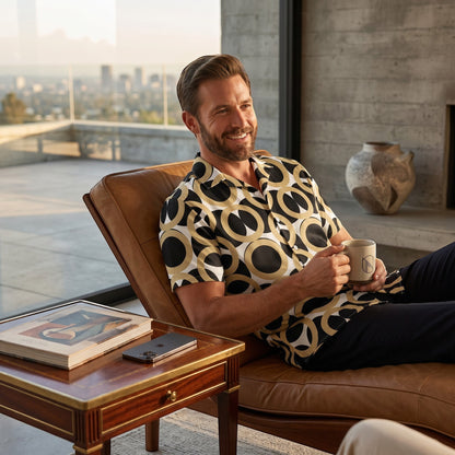 Good Wishes 365 unisex button shirt with black, gold, and cream retro geometric print, worn by a man holding a mug.