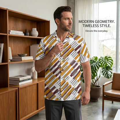 Good Wishes 365 unisex button shirt with a geometric pattern in mustard yellow, brown, and white, worn by a man.