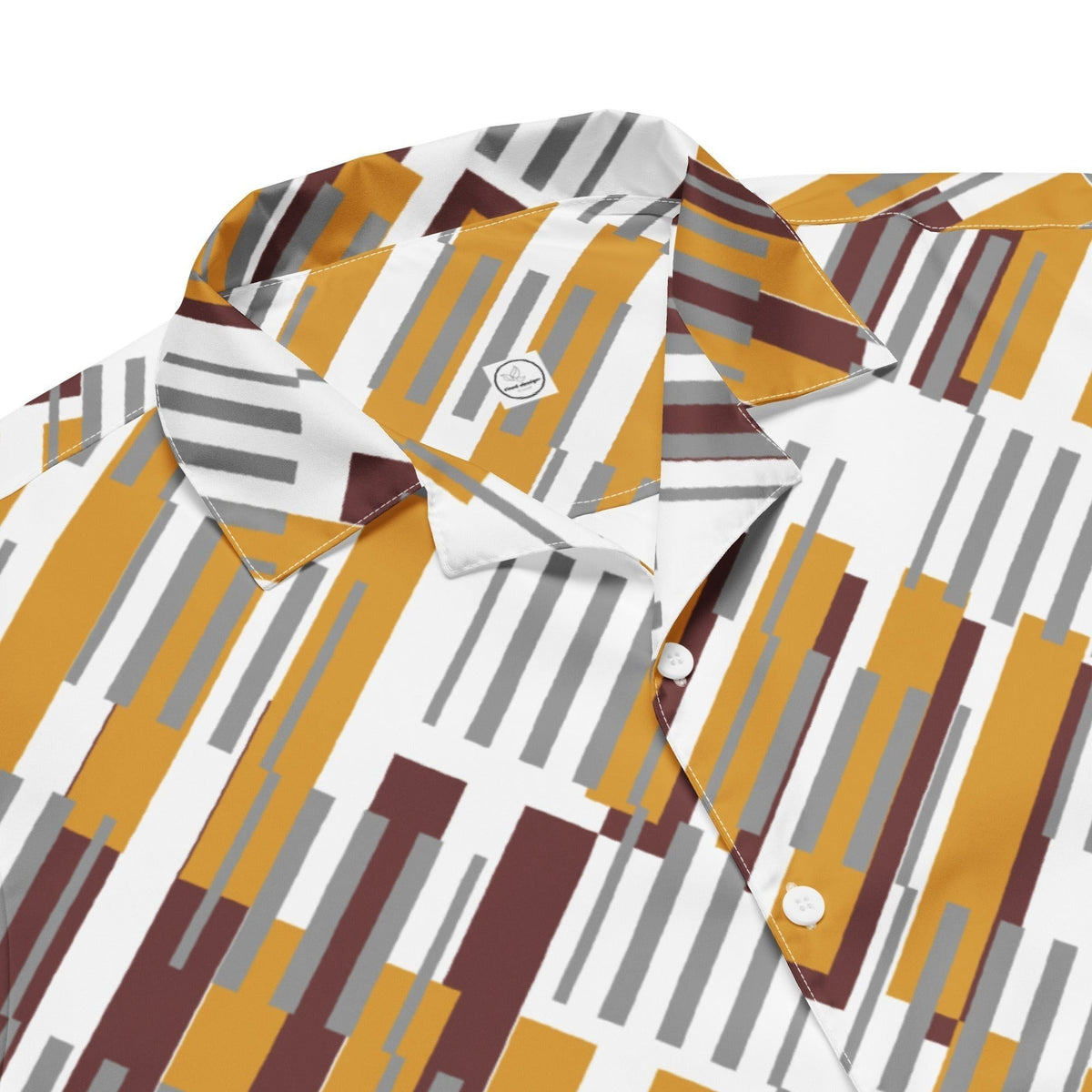 Good Wishes 365 unisex button shirt in a white, mustard yellow, and brown geometric stripe pattern with a collar.