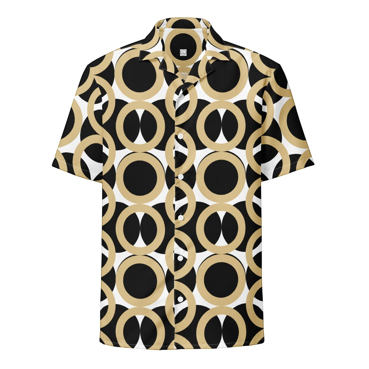 Good Wishes 365 unisex short-sleeve button shirt with a black, gold, and cream retro geometric circle pattern.