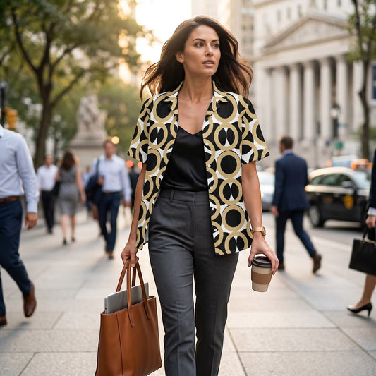 Good Wishes 365 unisex button shirt with retro geometric print in black, gold, and cream, worn open over a black tank.