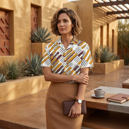 Good Wishes 365 unisex button shirt with a geometric pattern in yellow, brown, and grey, worn by a woman outdoors.