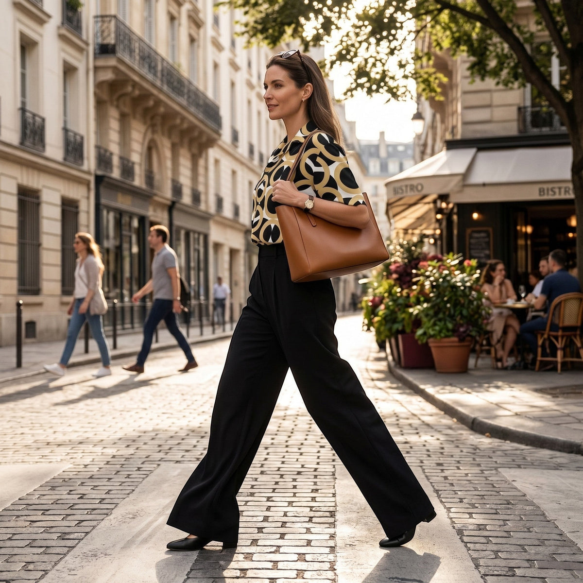 Good Wishes 365 unisex button shirt with retro geometric print in black and gold, worn by a woman walking in Paris.