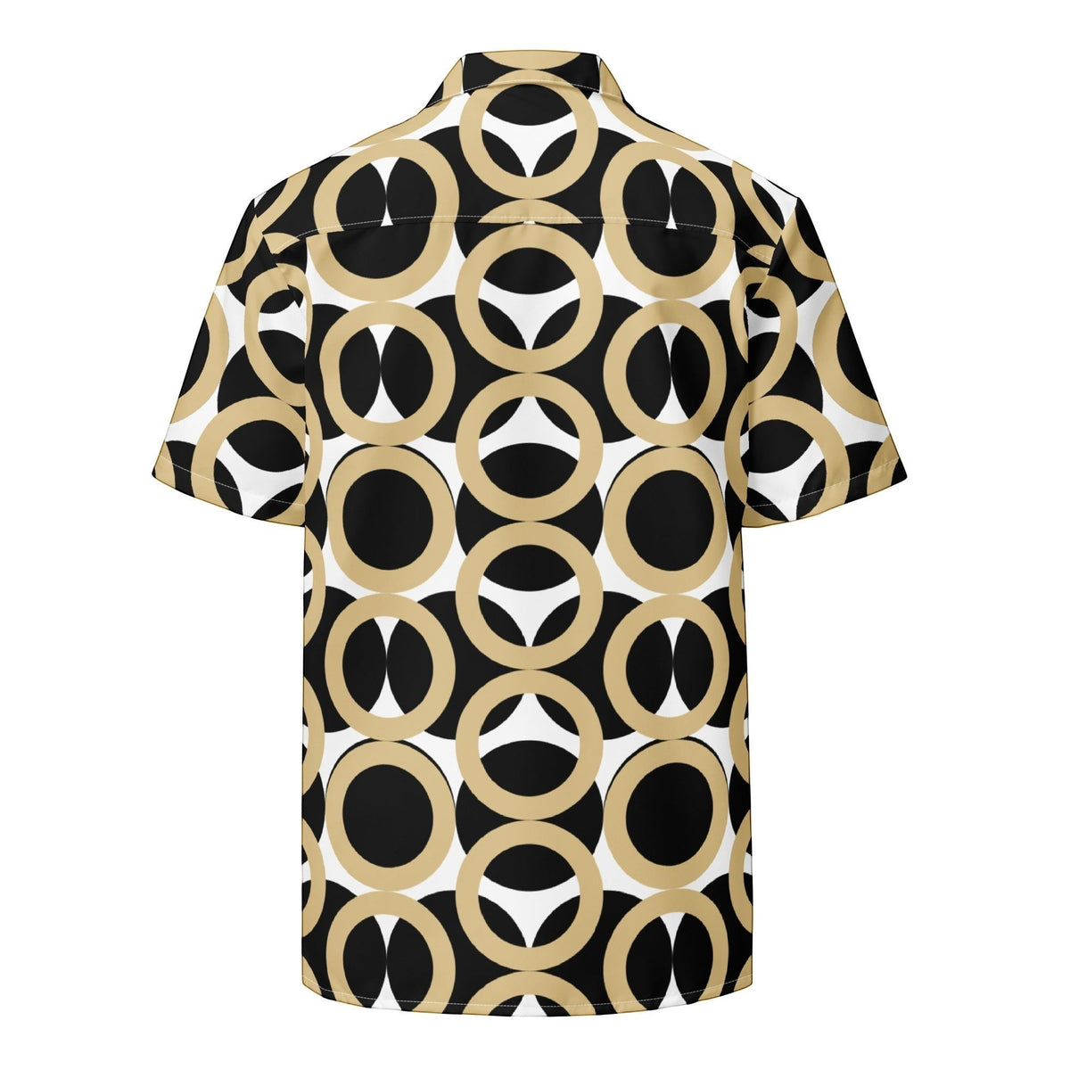Back view of Good Wishes 365 unisex button shirt featuring a black, gold, and cream retro geometric circle pattern.