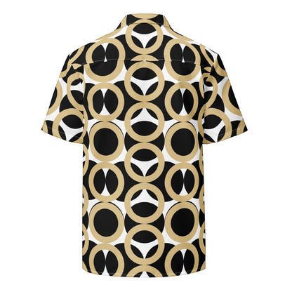 Back view of Good Wishes 365 unisex button shirt featuring a black, gold, and cream retro geometric circle pattern.
