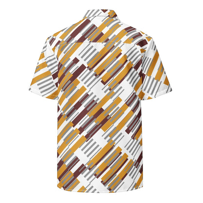 Good Wishes 365 unisex button shirt with a geometric pattern in mustard yellow, brown, and grey on a white background.