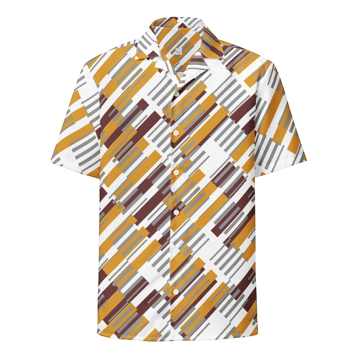 Good Wishes 365 unisex button shirt with an oversized fit, featuring a geometric pattern in mustard, brown, and grey.