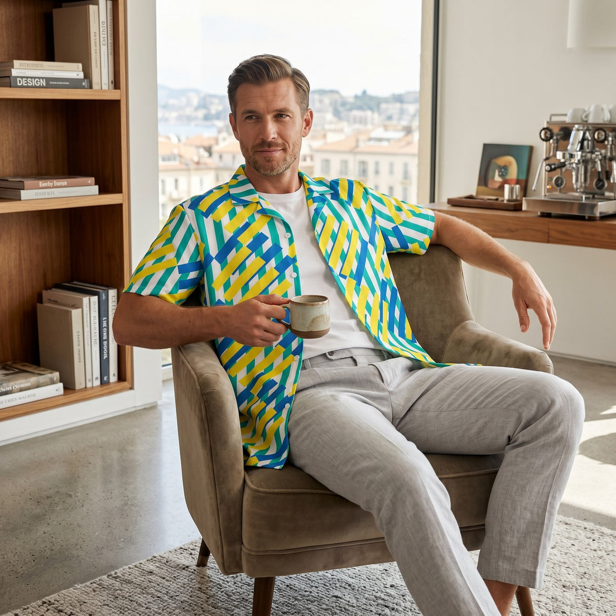 Good Wishes 365 unisex button shirt with a vibrant blue, yellow, and green geometric pattern worn by a man.