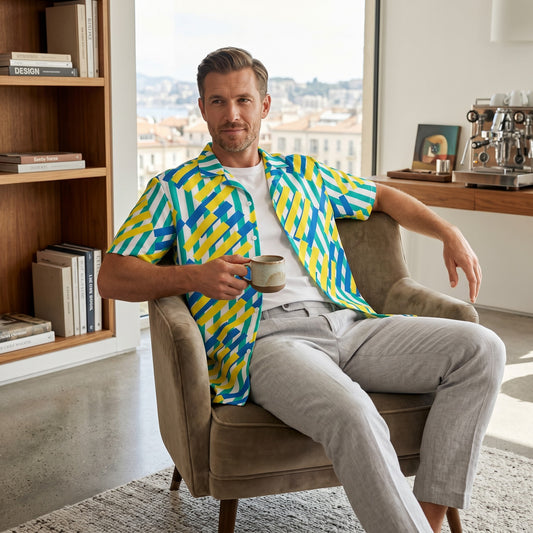 Good Wishes 365 unisex button shirt with a vibrant blue, yellow, and green geometric pattern worn by a man.