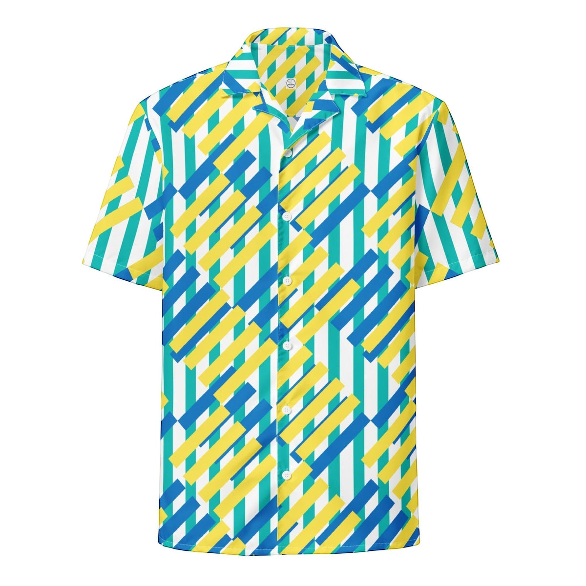 Good Wishes 365 Unisex short-sleeve button-up shirt with a bold geometric pattern in blue, yellow, and teal.