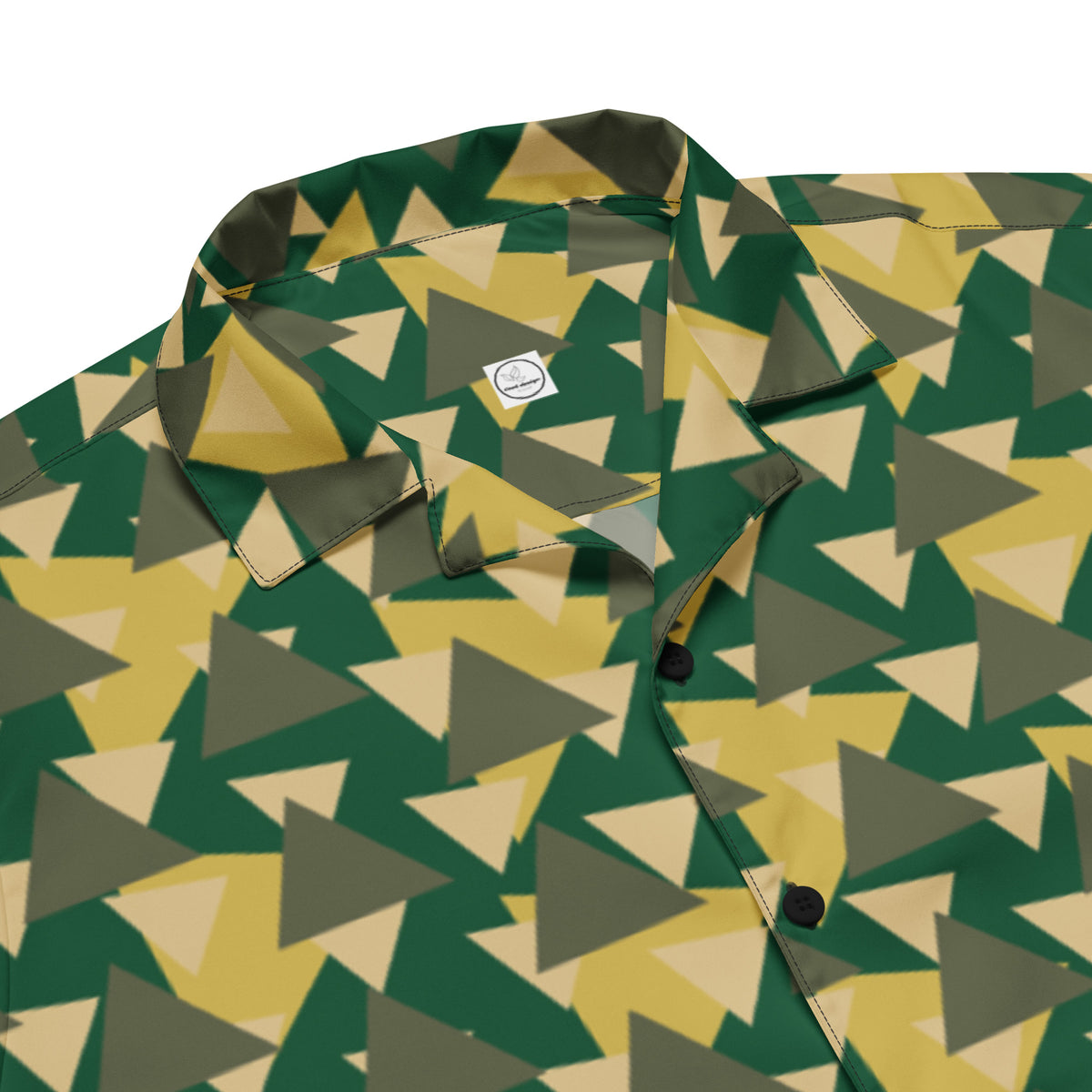 Good Wishes 365 Men's short sleeve button-down shirt with geometric camouflage print in green, yellow, and tan triangles.