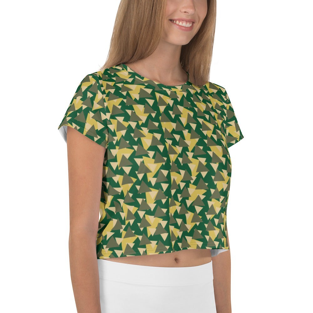 Good Wishes 365 geometric camo crop tee with green and gold triangle pattern on a woman