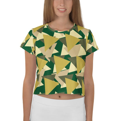 Good Wishes 365 geometric camo crop tee in forest green, olive, and tan with a crew neck on a female model.